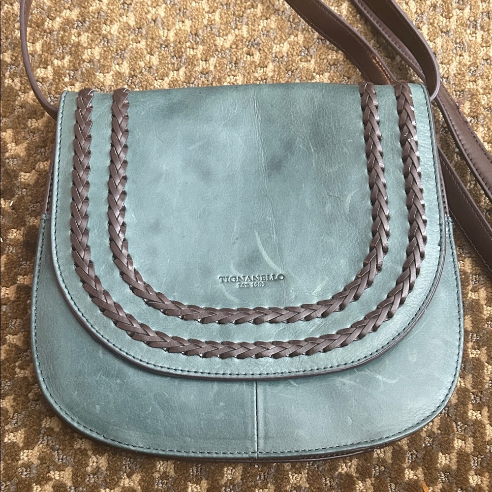 Tignanello Green Leather Crossbody Bag with Braided Trim - Picture 4 of 8